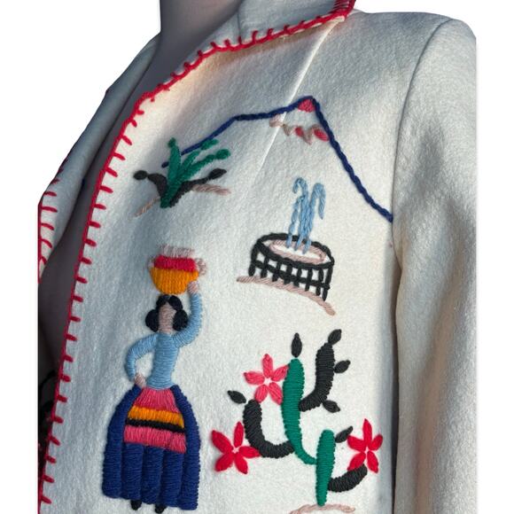 Vintage Hand Embroidered Folk Art Wool Tourist Jacket Mexican Scene Colorful - Picture 5 of 16